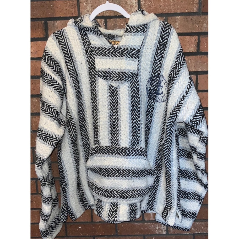 Baja Joe Drug Rug Hoodie Mens XL Black White Herringbone Mexican Poncho Pullover